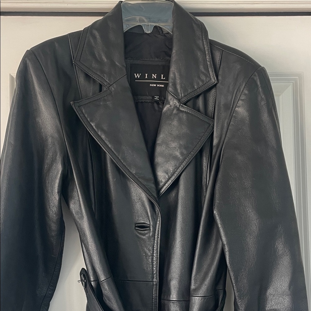 Winlit  New York Women's Black Leather Trench Coat medium